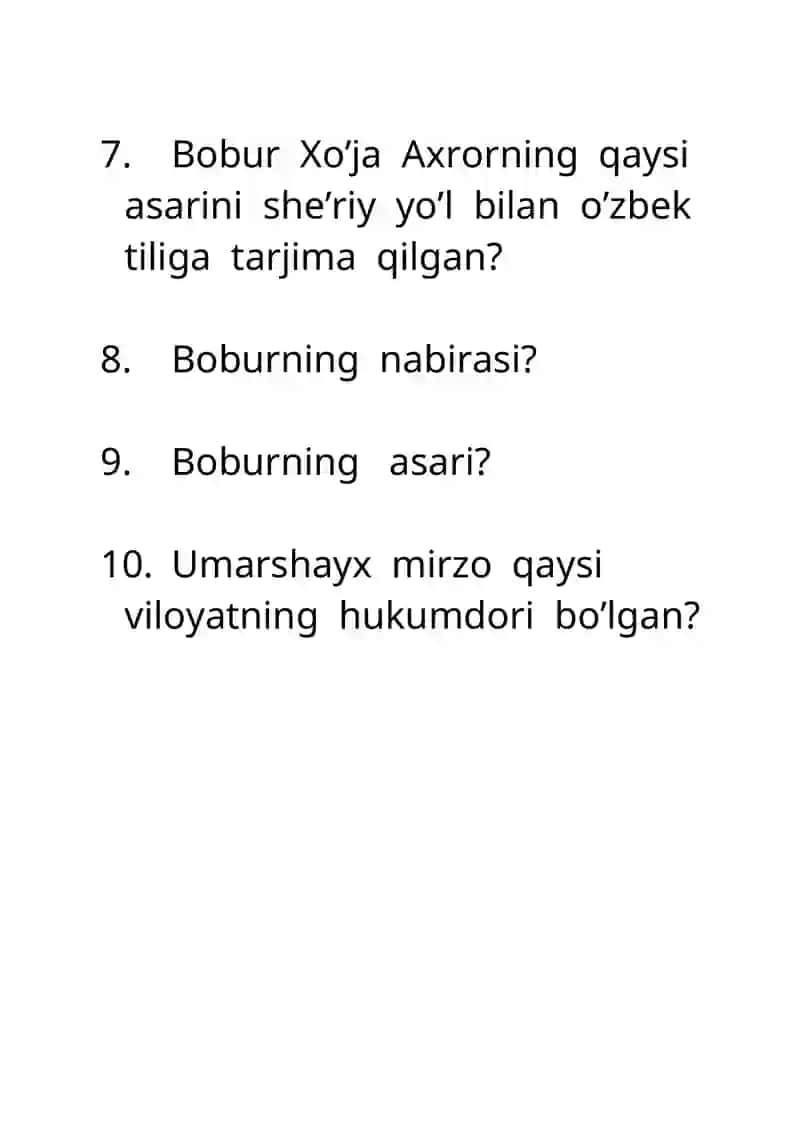Adabiyotdan savollar Bobur 2