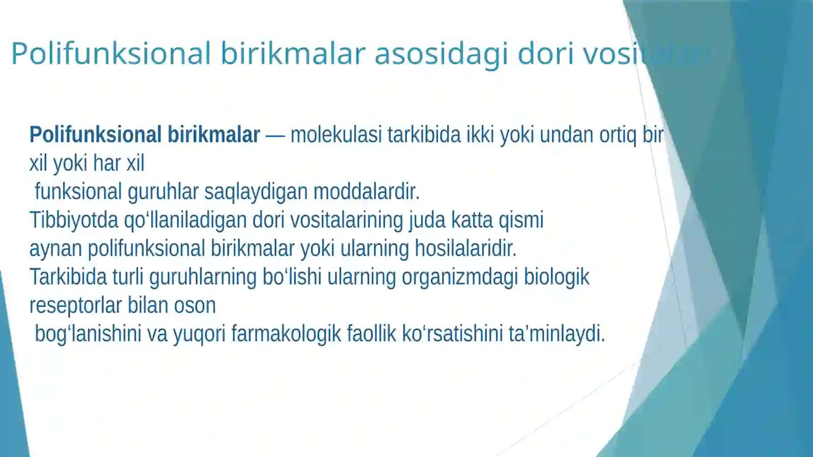 Getero va polifunksional brikmalar asosida ishlab chiqariladigan zamonaviy dori vositalari. 2
