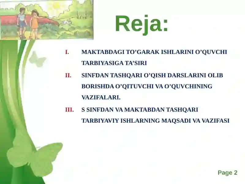 MAKTABDAGI TO’GARAK ISHLARINI O’QUVCHI TARBIYASIGA TA’SIRI SINFDAN VA MAKTABDAN TASHQARI TARBIYAVIY ISHLARNING MAQSADI VA VAZIFASI 2