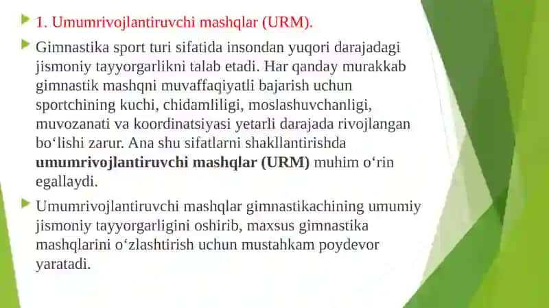 Gimnastikada umumiy va maxsus tayyorgarlik mashqlari bo‘yicha mahoratini oshirish 2