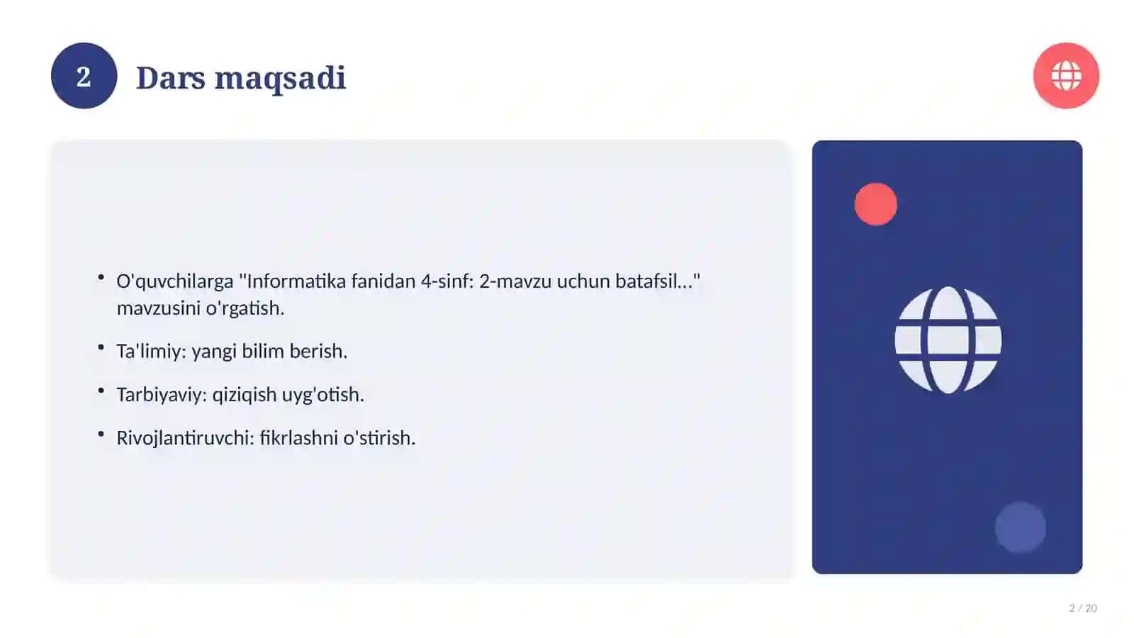 Informatika fanidan 4-sinf: 2-mavzu uchun batafsil dars ishlanmasi 2