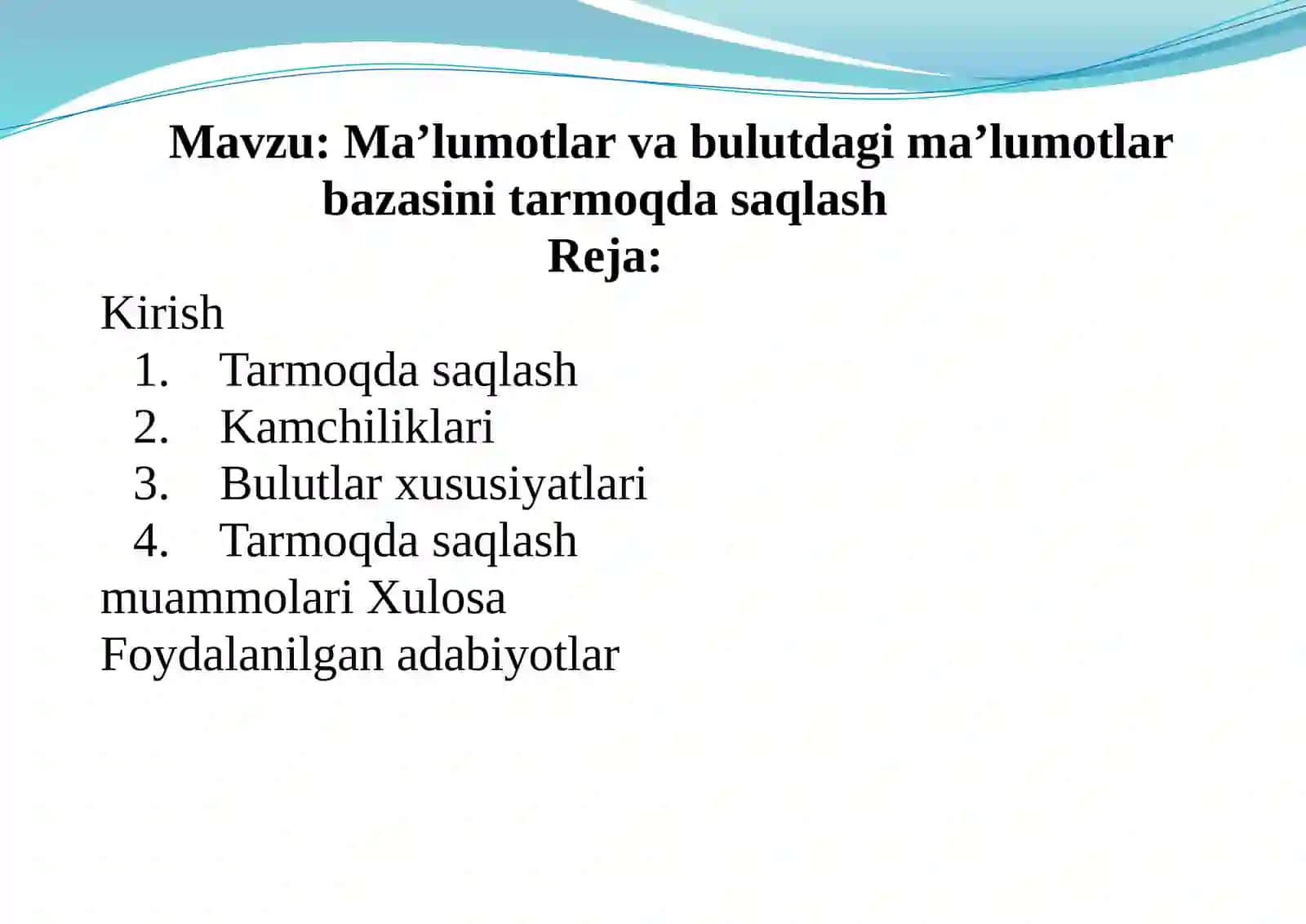 Ma’lumotlar va bulutdagi ma’lumotlar bazasini tarmoqda saqlash 2