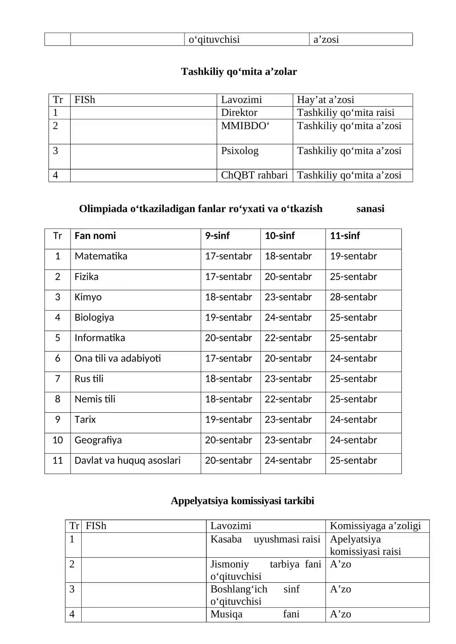 Pedkengash bayonnomasi - Asosiy fan olimpiadasi maktab bosqichini o‘tkazish to'g'risida 2