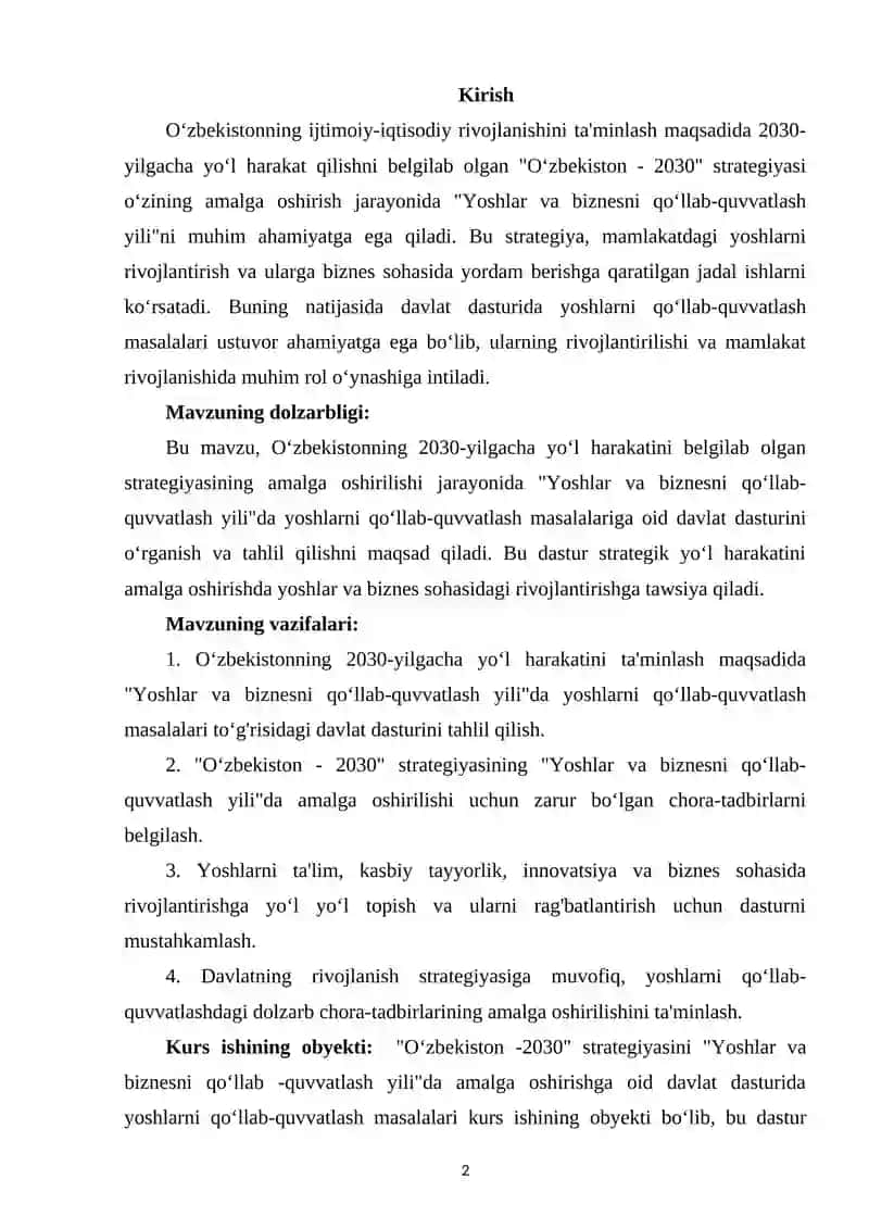 “O‘zbekiston -2030” strategiyasini "Yoshlar va biznesni qo‘llab -quvvatlash yili"da amalga oshirishga oid davlat dasturida yoshlarni 2
