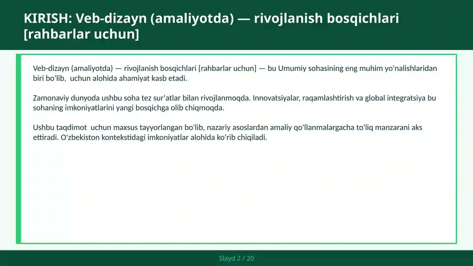 VEB-DIZAYN (AMALIYOTDA) — RIVOJLANISH BOSQICHLARI [RAHBARLAR UCHUN] 2