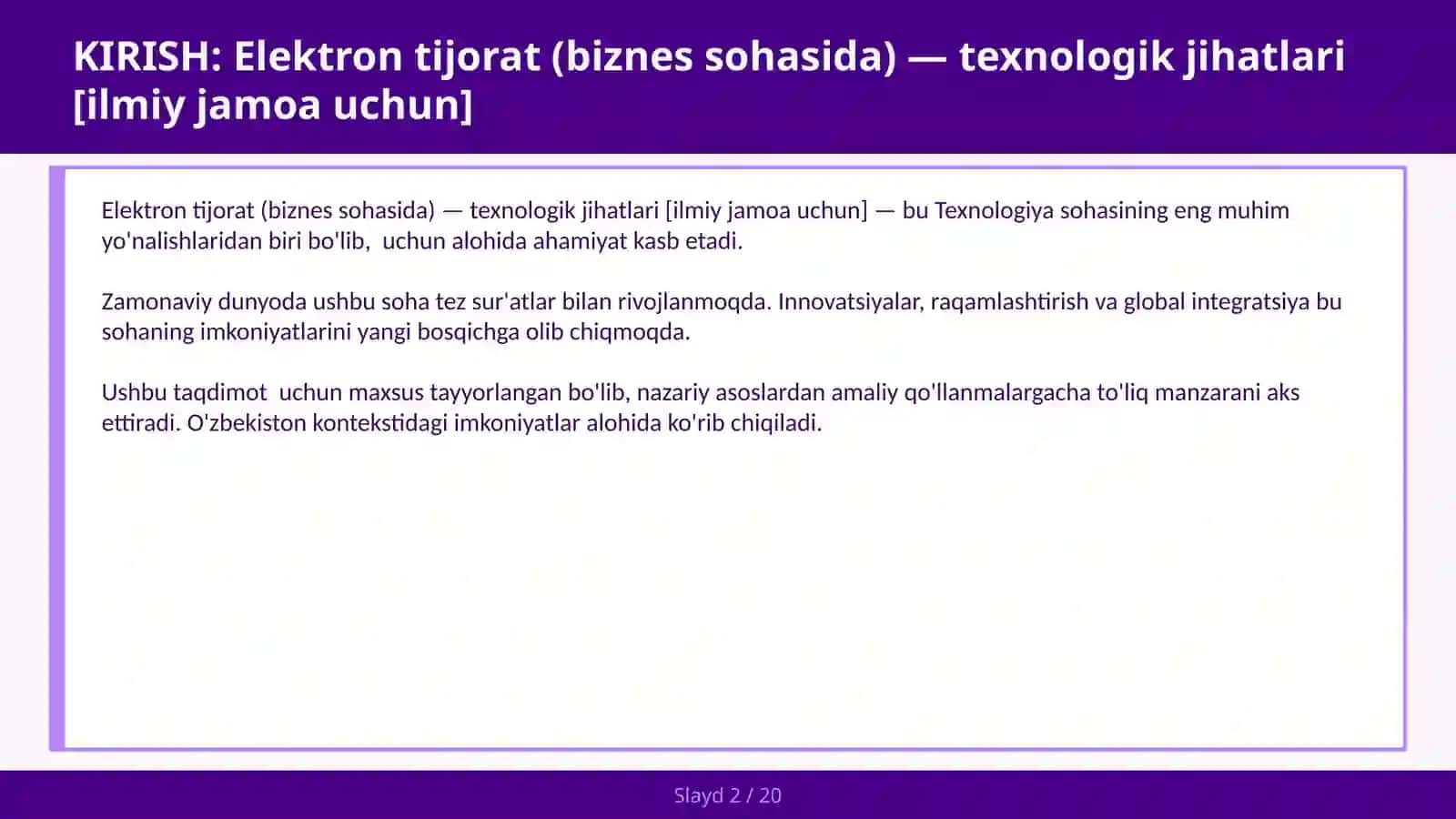 Elektron tijorat (biznes sohasida) — texnologik jihatlari [ilmiy jamoa uchun] 2