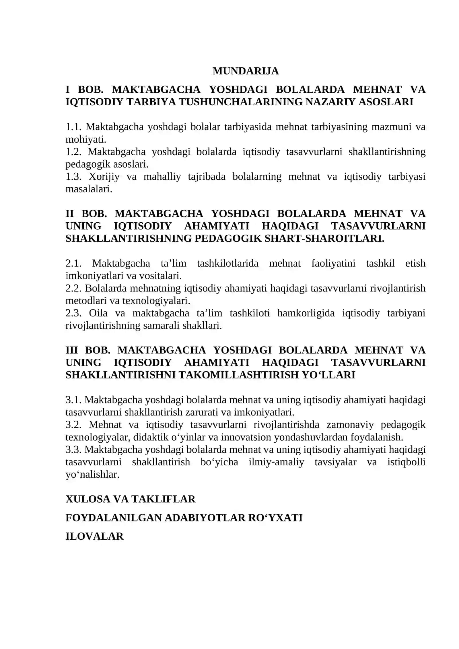 ’MAKTABGACHA YOSHDAGI BOLALARDA MEHNAT VA UNING IQTISODIY AHAMIYATI HAQIDAGI TASAVVURLARNI SHAKLLANTIRISH’’.  mavzusida yozilgan MAGISTRLIK DISSERTATSIYASI ASOSNOMASI 2