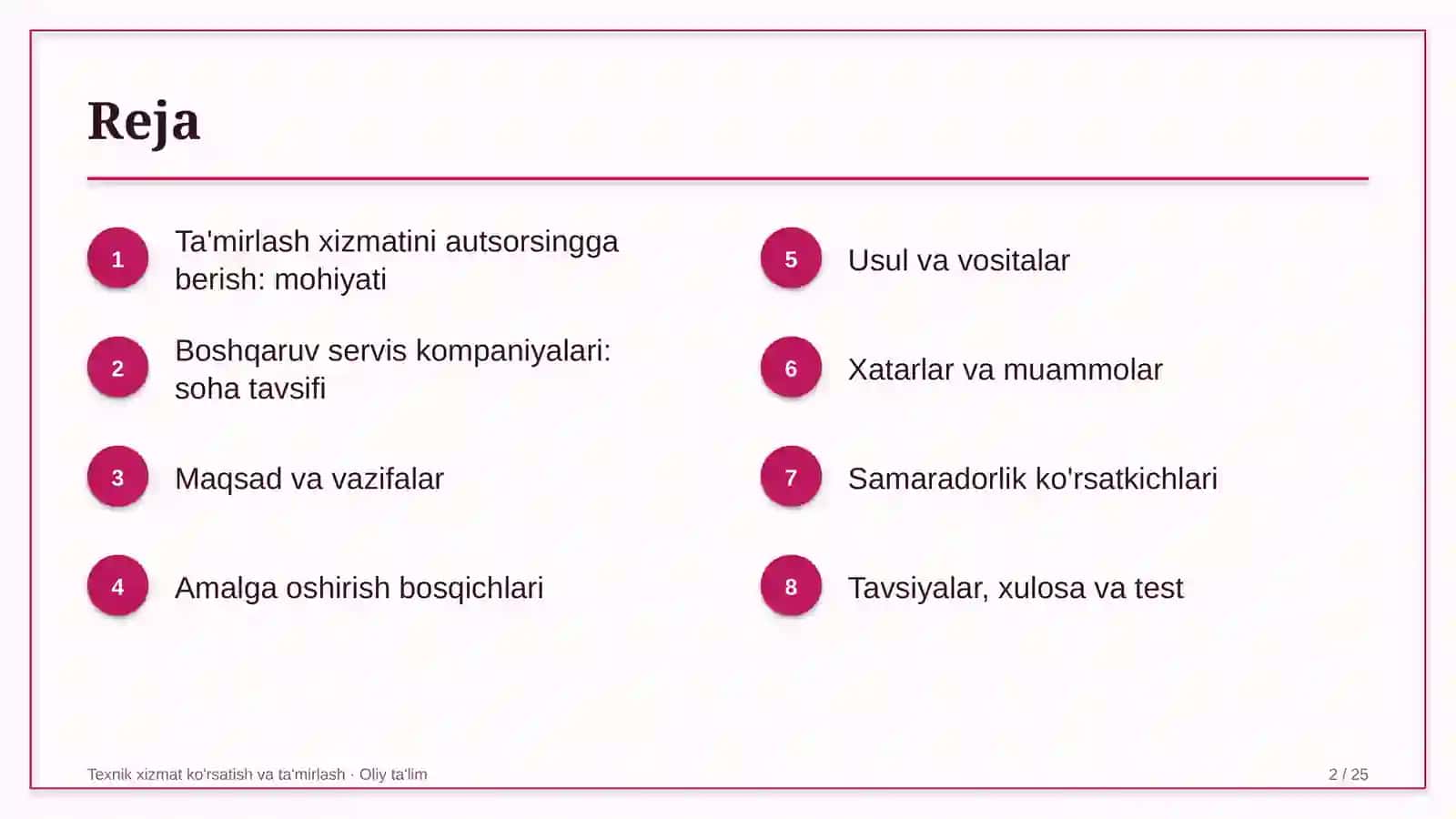 boshqaruv servis kompaniyalarida ta'mirlash xizmatini autsorsingga berish 7230 2