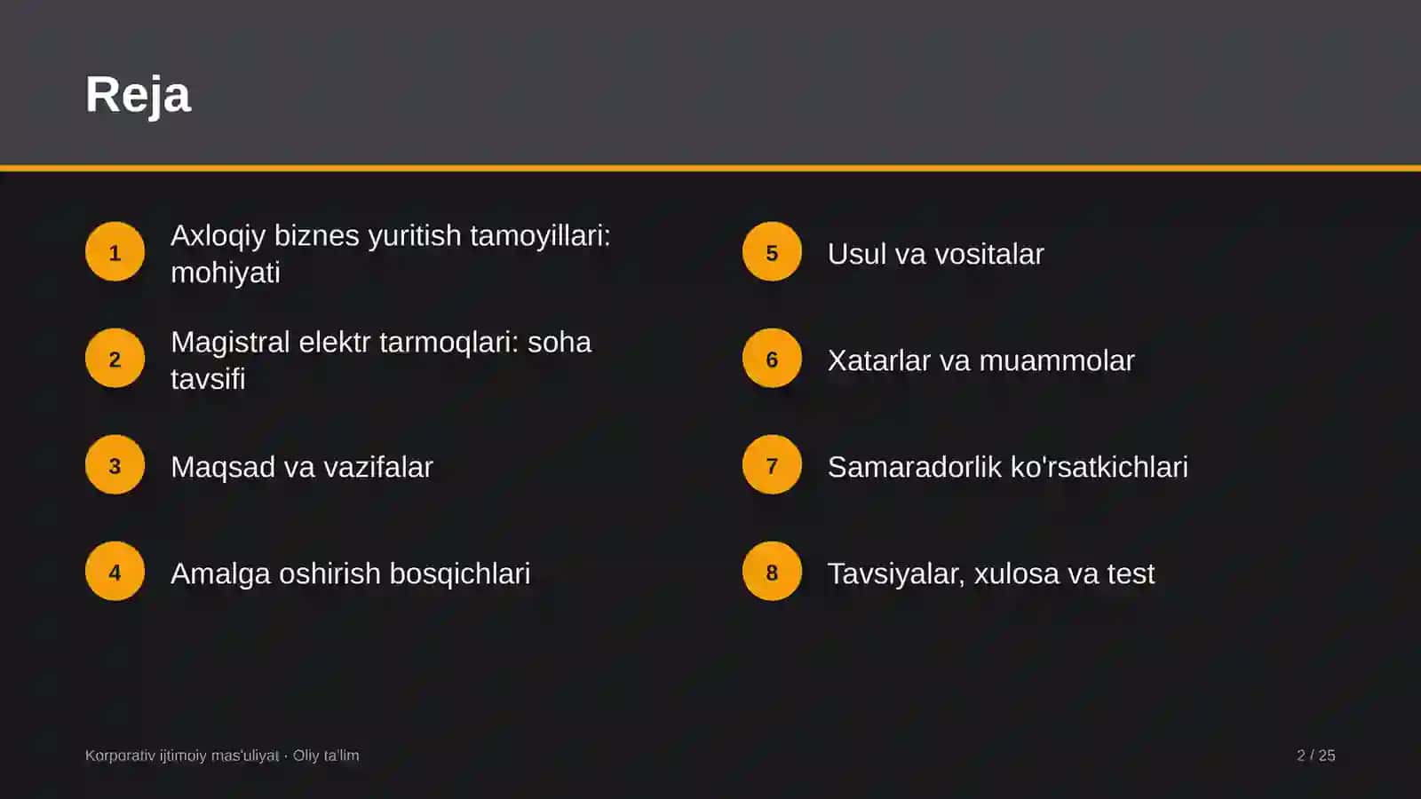 Magistral elektr tarmoqlarida axloqiy biznes yuritish tamoyillarini joriy etish 2