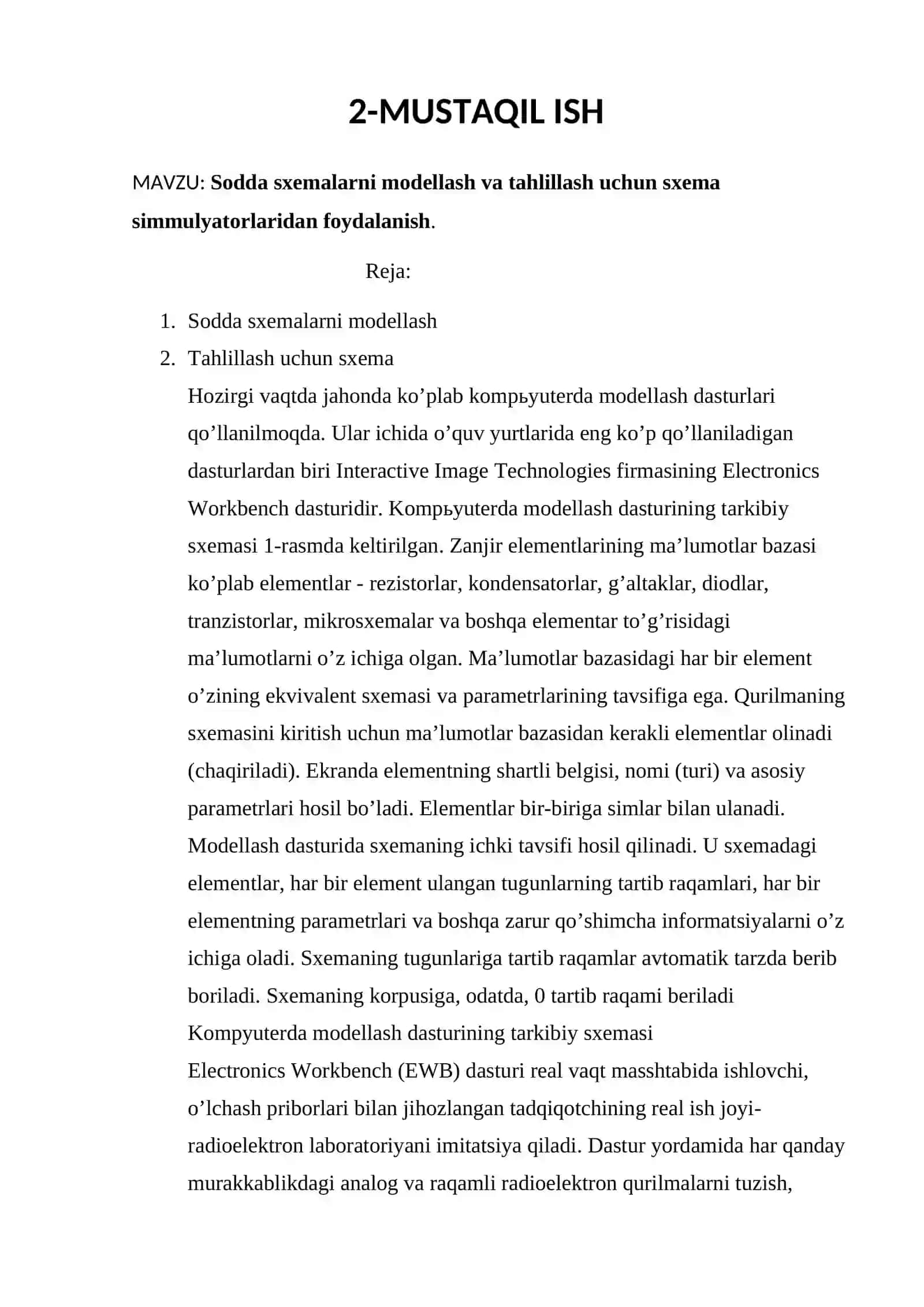 Sodda sxemalarni modellash va tahlillash uchun sxema simmulyatorlaridan foydalanish 2