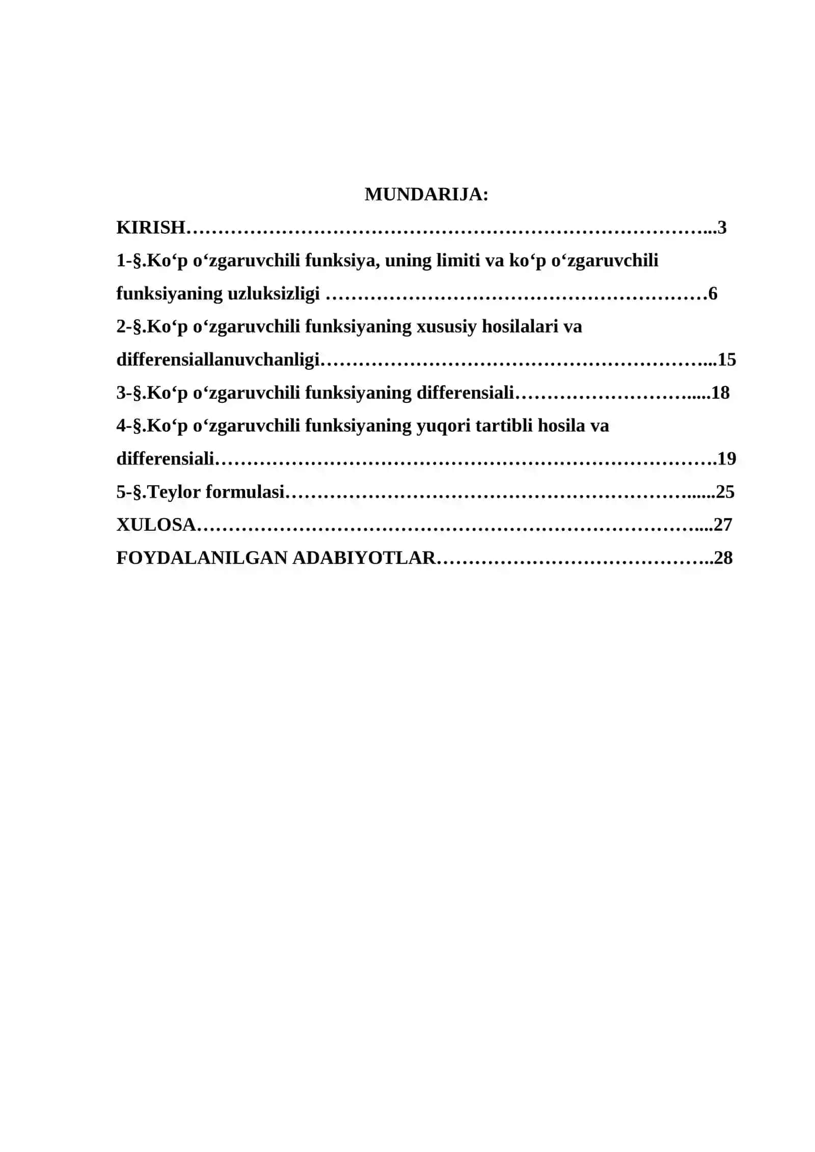 Ko‘p o‘zgaruvchili funksiyaning yuqori tartibli hosila va differensiallari.Teylor formula 2