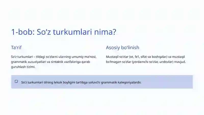 Soʻz turkumlari va gap boʻlaklari: Tilimizning asosiy qurilish bloklari 2