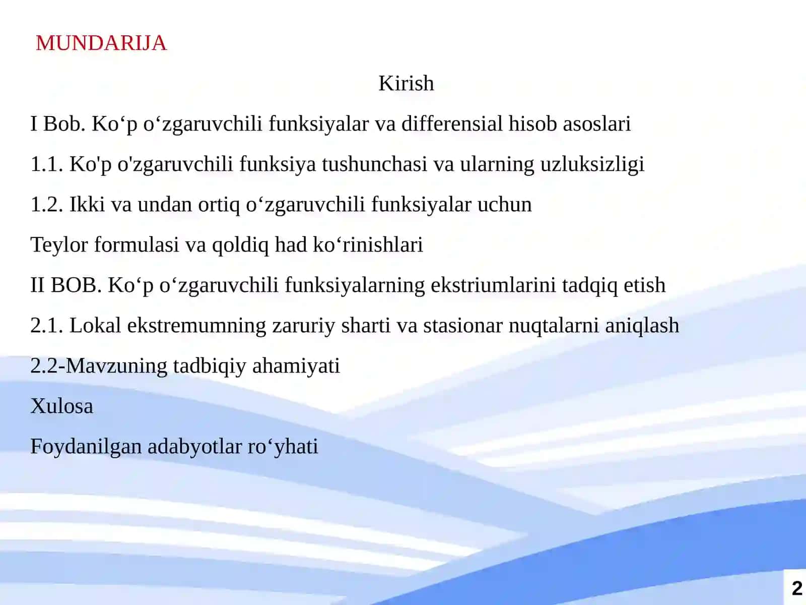 Matematika analizi fanidan, Koʻpoʻzgaruvchili funksiyalar 2