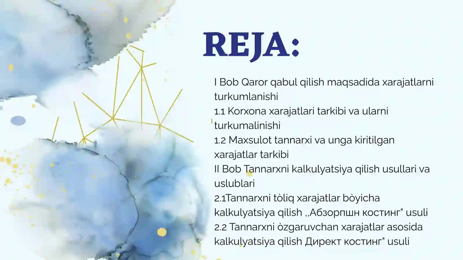 TANNARXNI TO’LIQ VA O’ZGARUVCHAN XARAJATLAR BO’YICHA TAQSIMLASH ASOSIDA KALKULYATSIYA QILISH TARTIBI 2