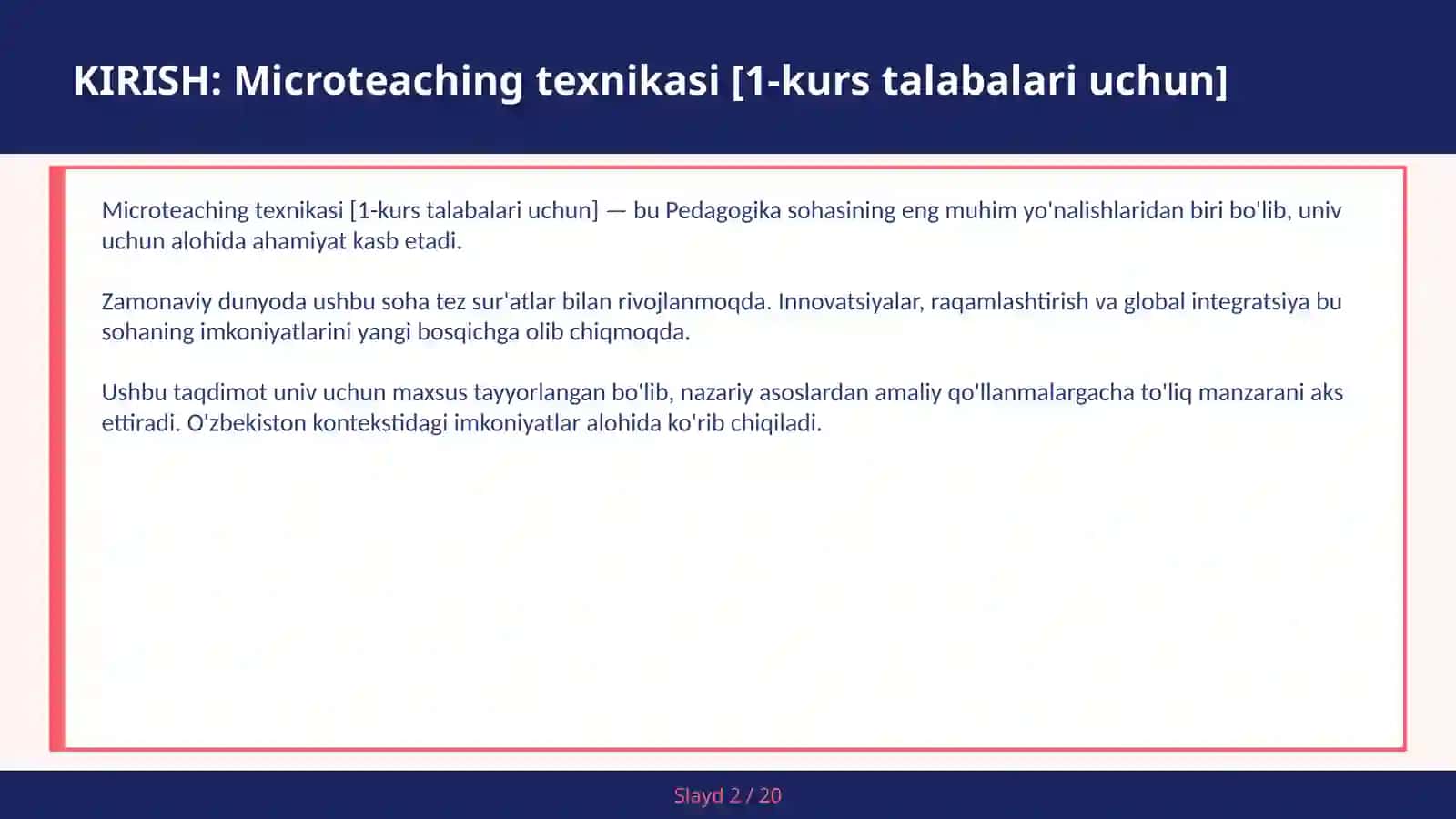 MICROTEACHING TEXNIKASI [1-KURS TALABALARI UCHUN] 2