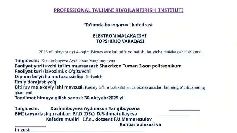 Kasbiy ta'lim tashkilotlari biznes asoslari guruhining loyihalari 2