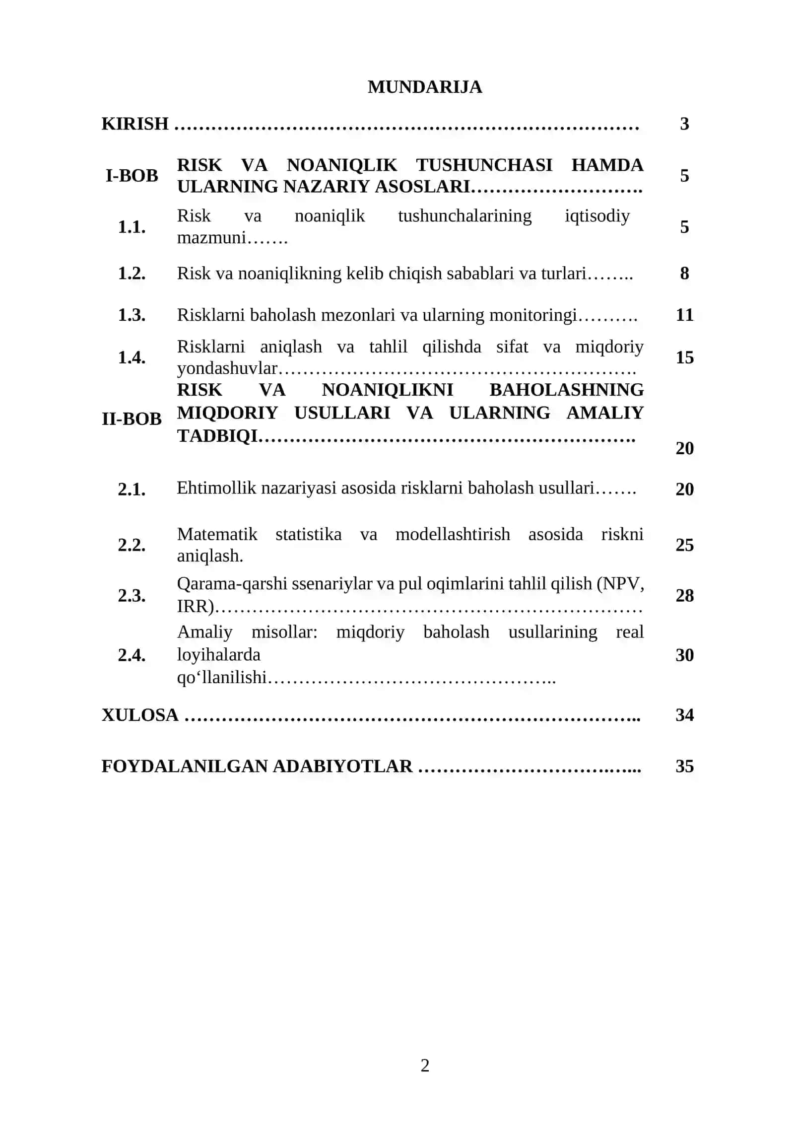 RISK VA NOANIQLIKNI BAHOLASHNING MIQDORIY USULLARI KURS ISHI 2