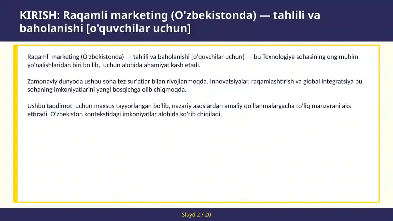 Raqamli marketing (O'zbekistonda) — tahlili va baholanishi [o'quvchilar uchun] 2