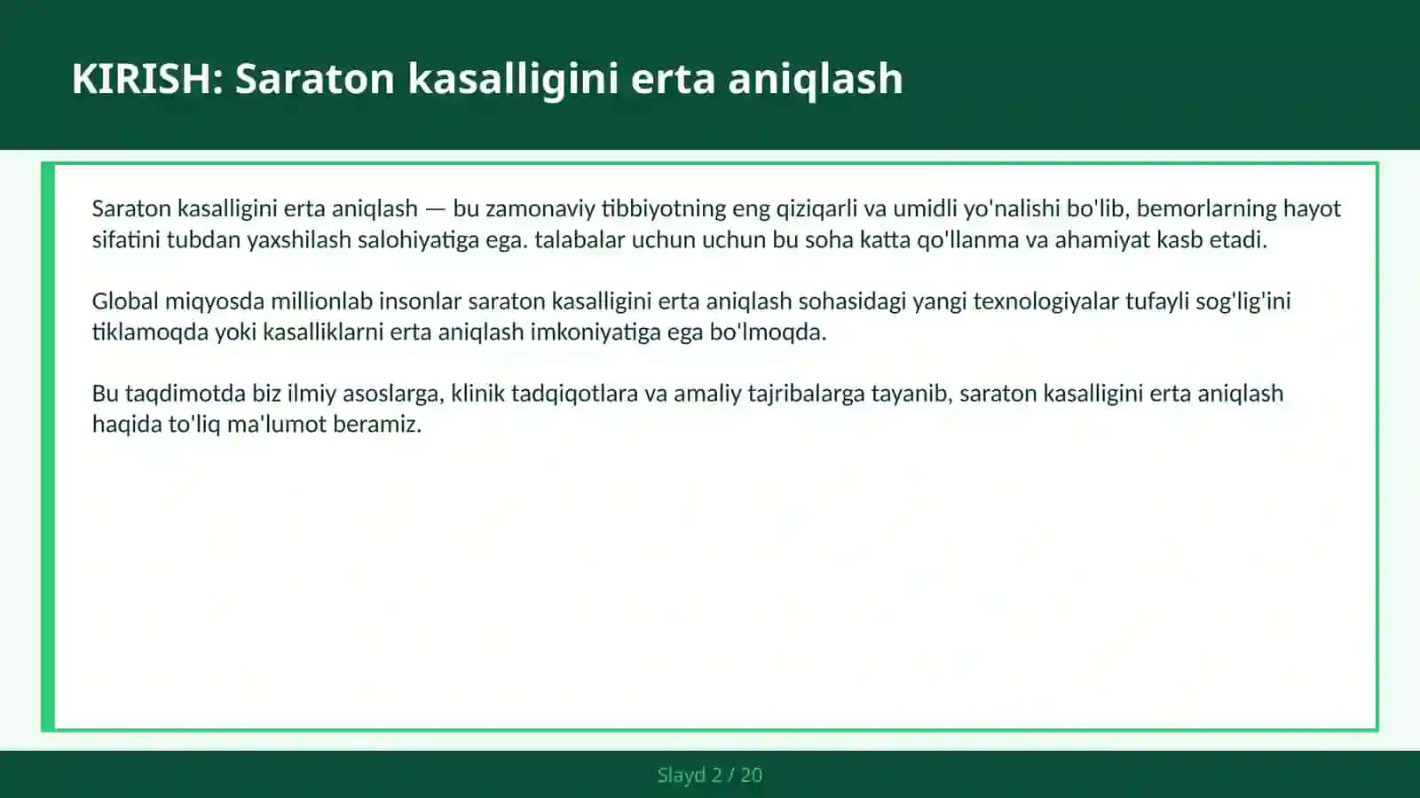 Saraton kasalligini erta aniqlash 2