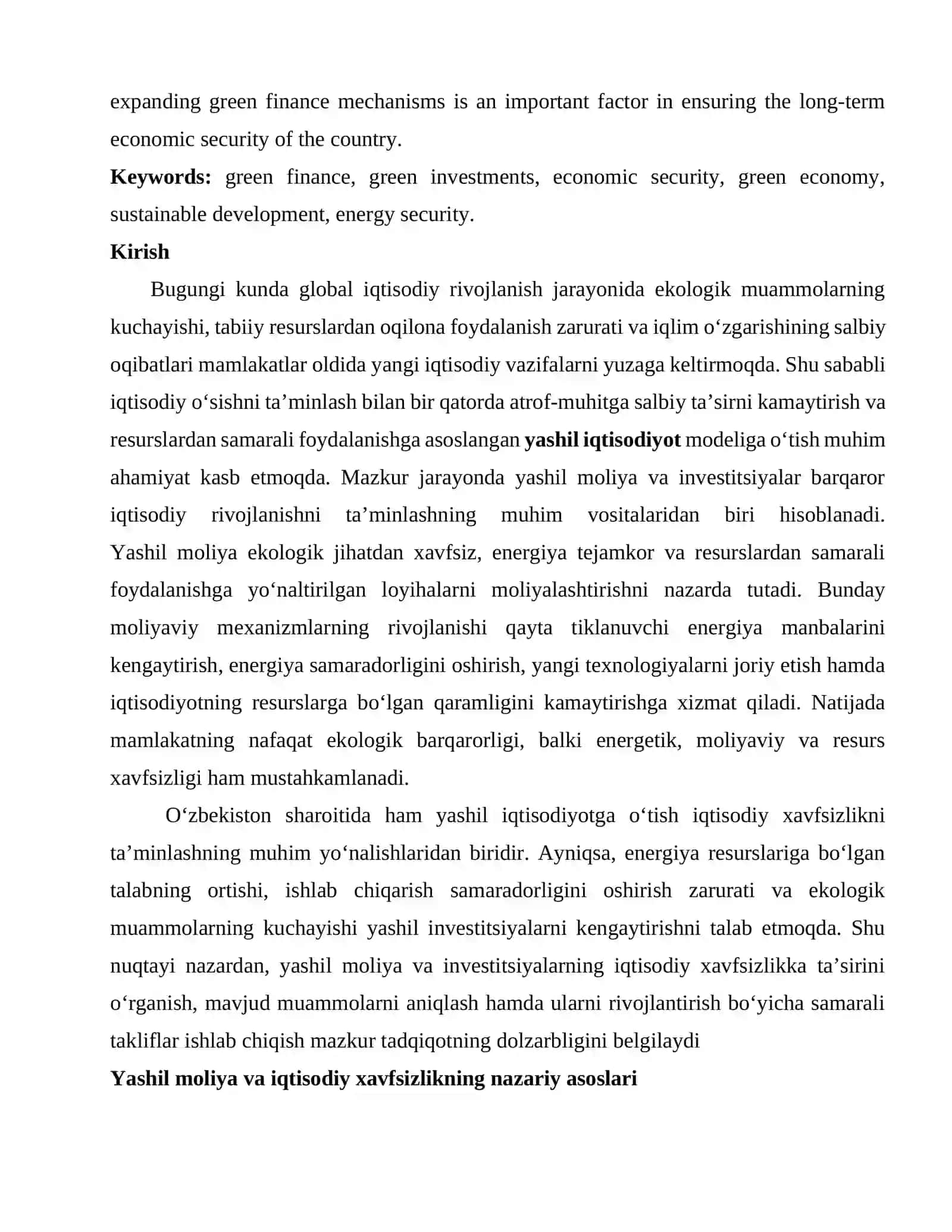 YASHIL MOLIYA VA INVESTITSIYALARNING IQTISODIY XAVFSIZLIKNI TA’MINLASHDAGI ROLI 2