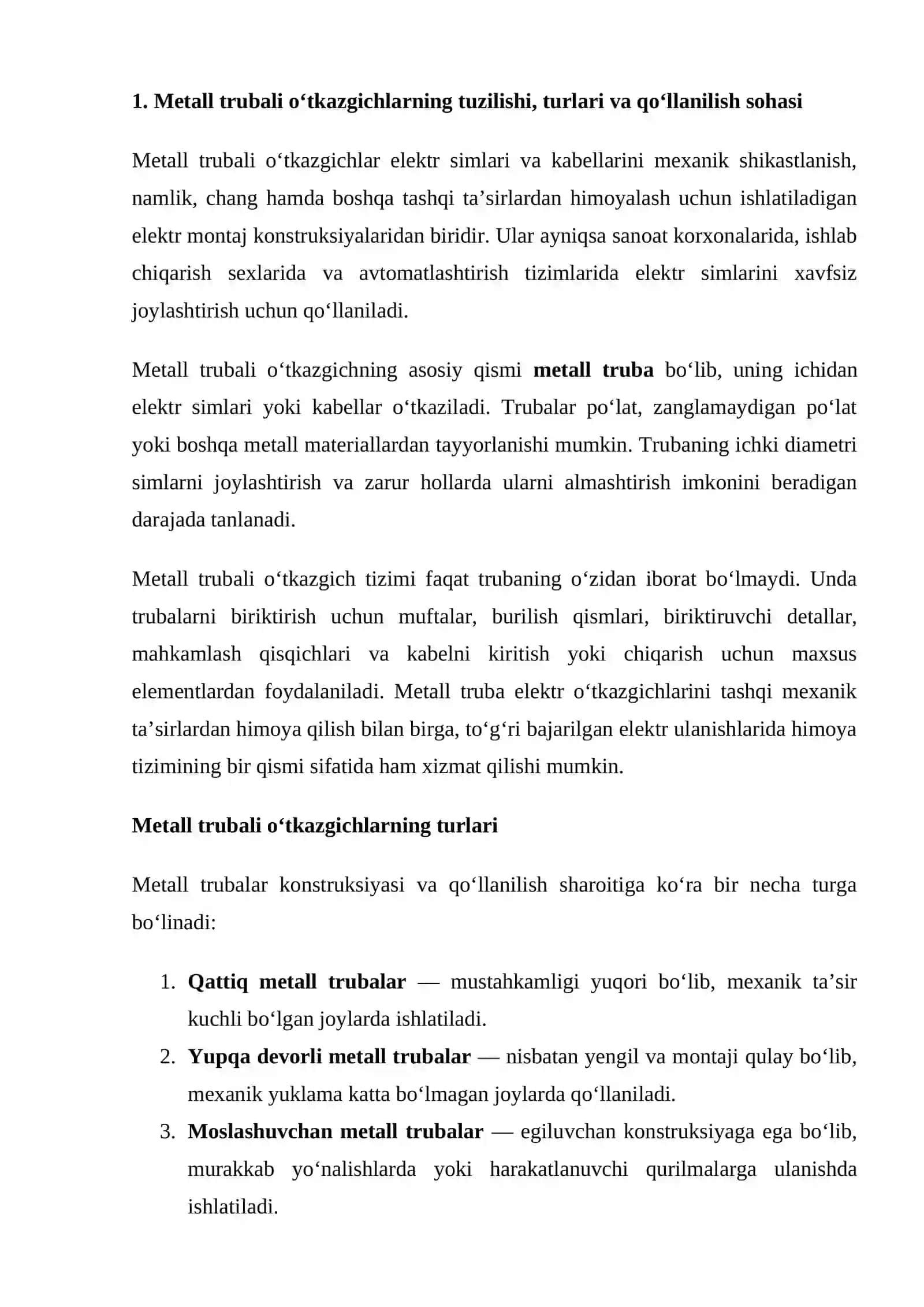 mustaqil ish Metall trubali o‘tkazgichlarning afzallik va kamchiliklarini o‘rganish 2