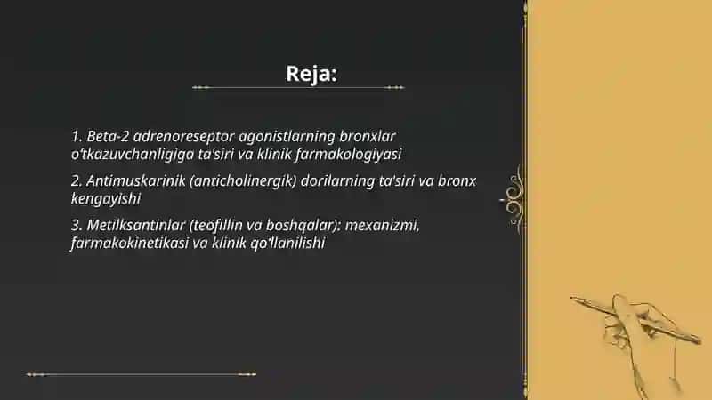 Bronxlar o‘tkazuvchanligiga ta’sir etuvchi dori vositalarining klinik farmakologiyasi 2