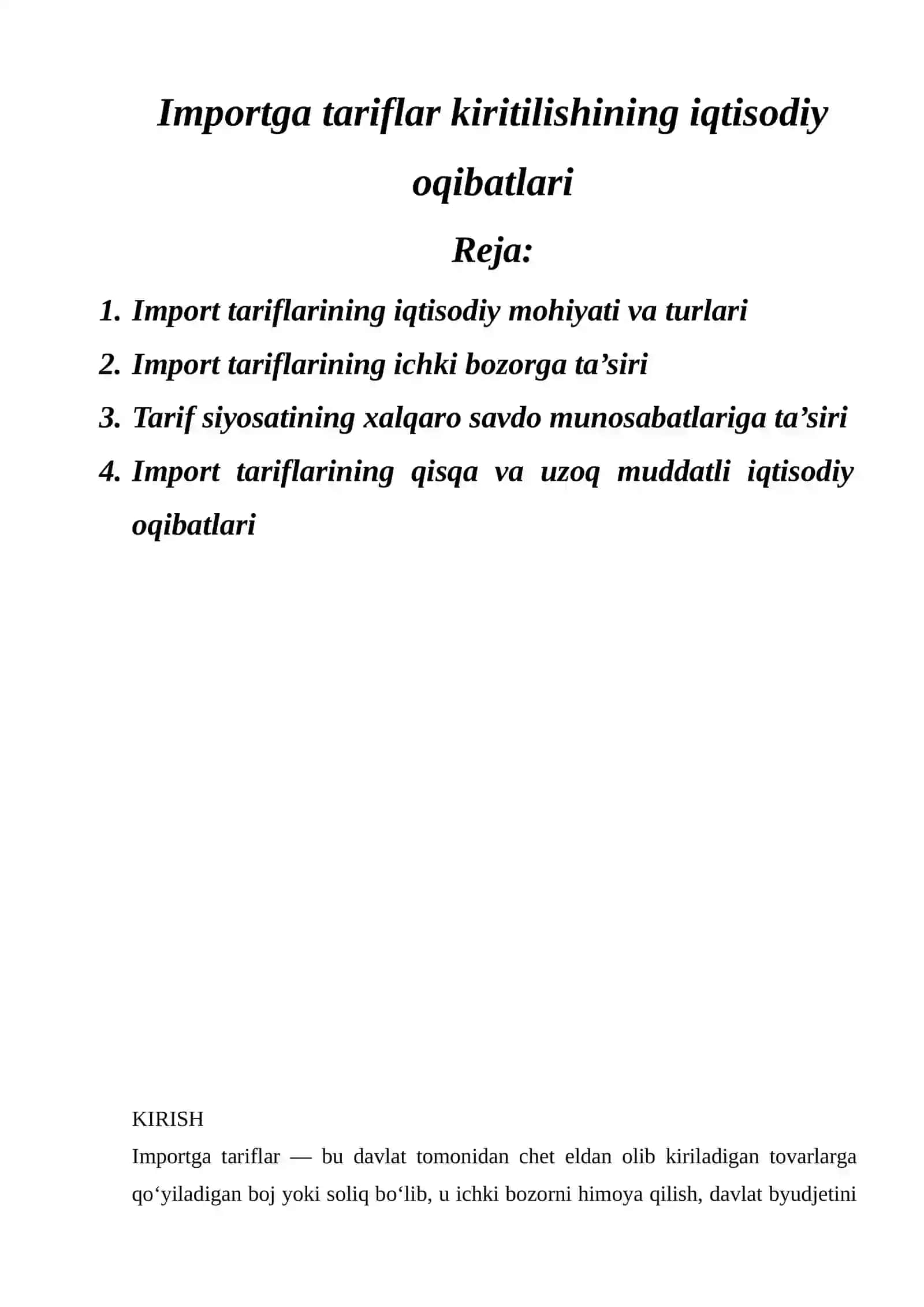 Importga tariflar kiritilishining iqtisodiy oqibatlari 2