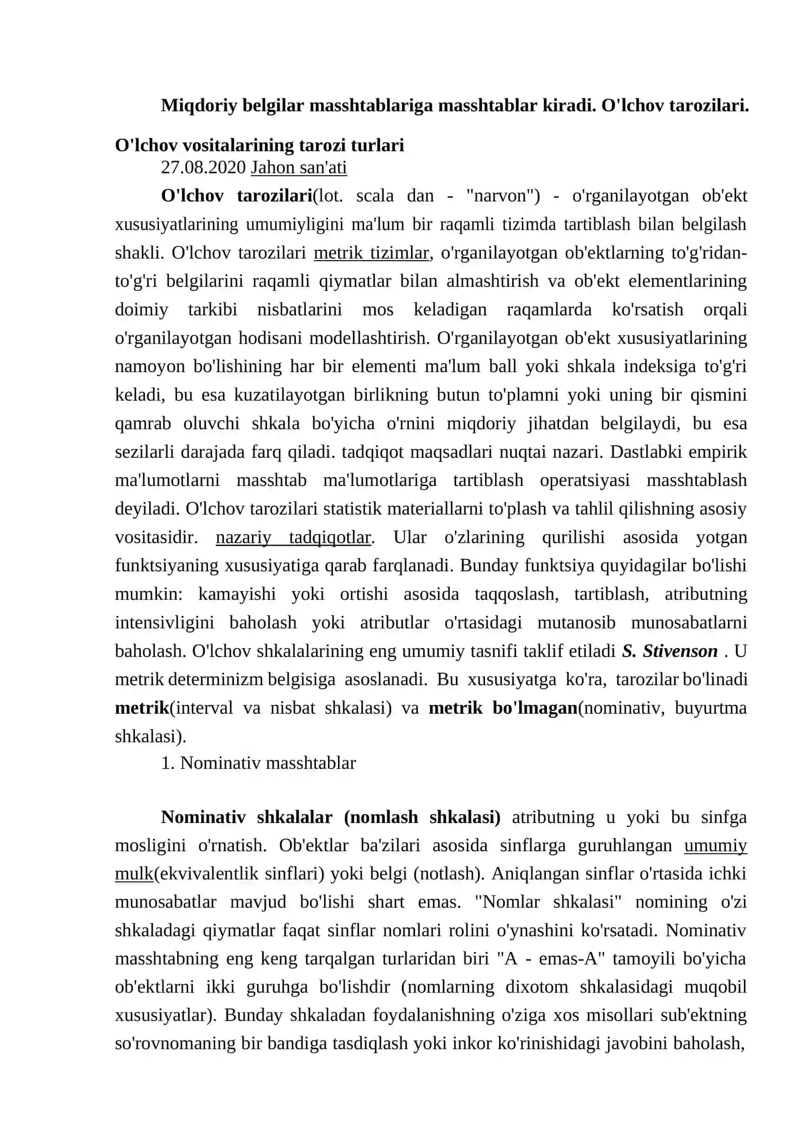 Standartlashtirish va normalar. Pedagogik o‘lchovlarda shkalalarning asosiy turlari. 2