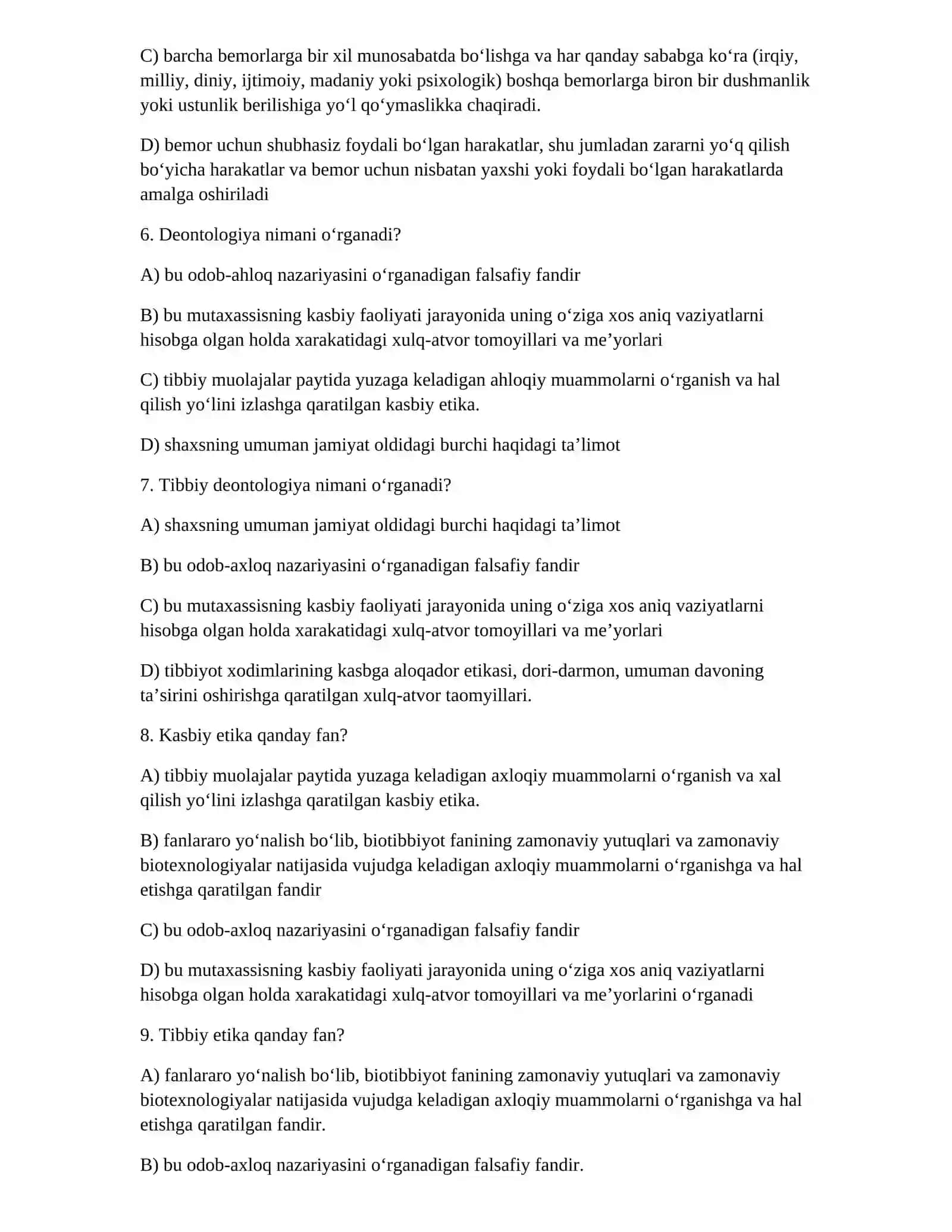 Bioetika Test Savollari (O'zbekcha) 2