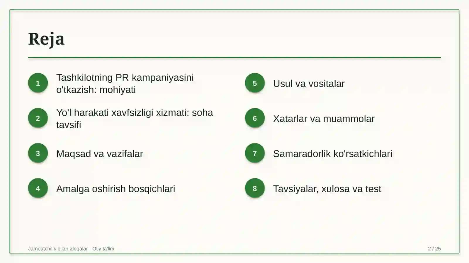 yo'l harakati xavfsizligi xizmatida tashkilotning pr kampaniyasini o'tkazish 7969 2