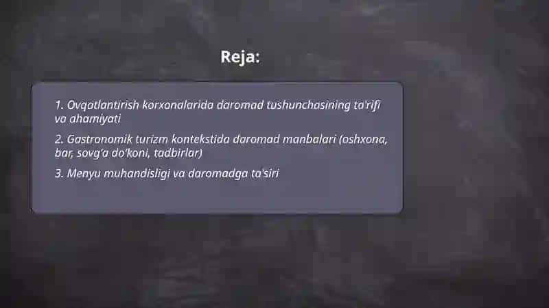 Ovqatlantirish korxonalarida daromad tushunchasi mavzusida taqdimot 2