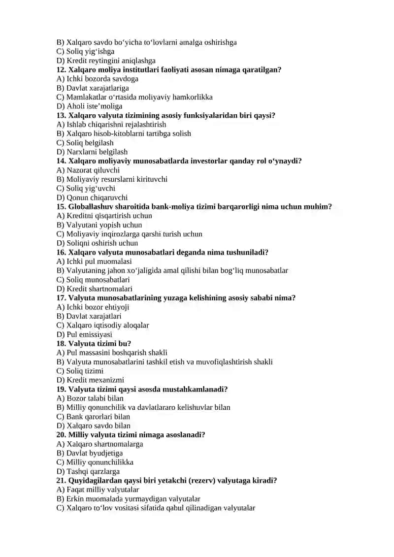 Xalqaro Valyuta-Kredit Munosabatlari Nazariyasi test 2