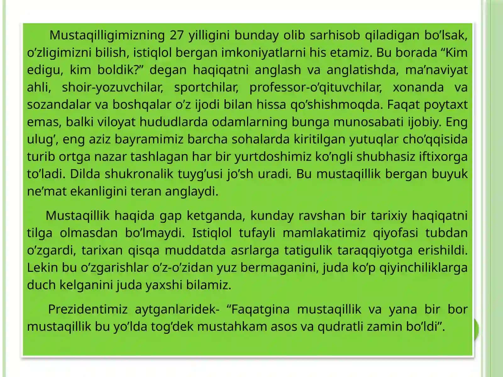 Mustaqillikning 27 yilligini bayram bilamiz 2