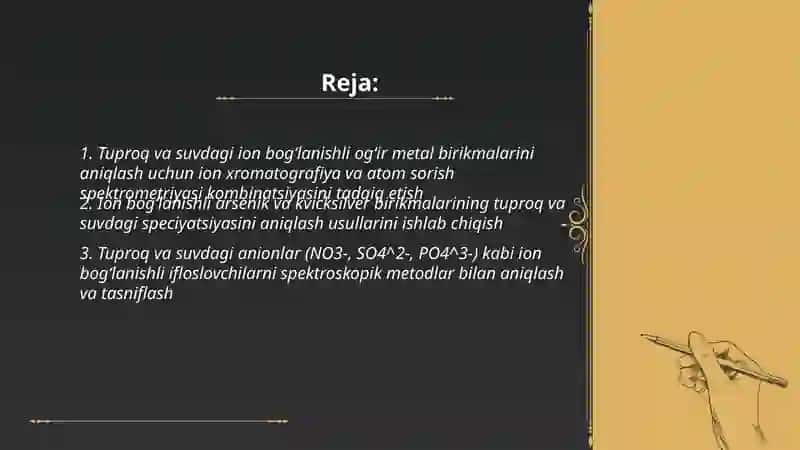 Tuproq va suvdagi ion bogʻlanishli ogʻir metal birikmalarini aniqlash uchun ion xromatografiya va atom sorish spektrometriyasi kombinatsiyasini tadqiq etish 2