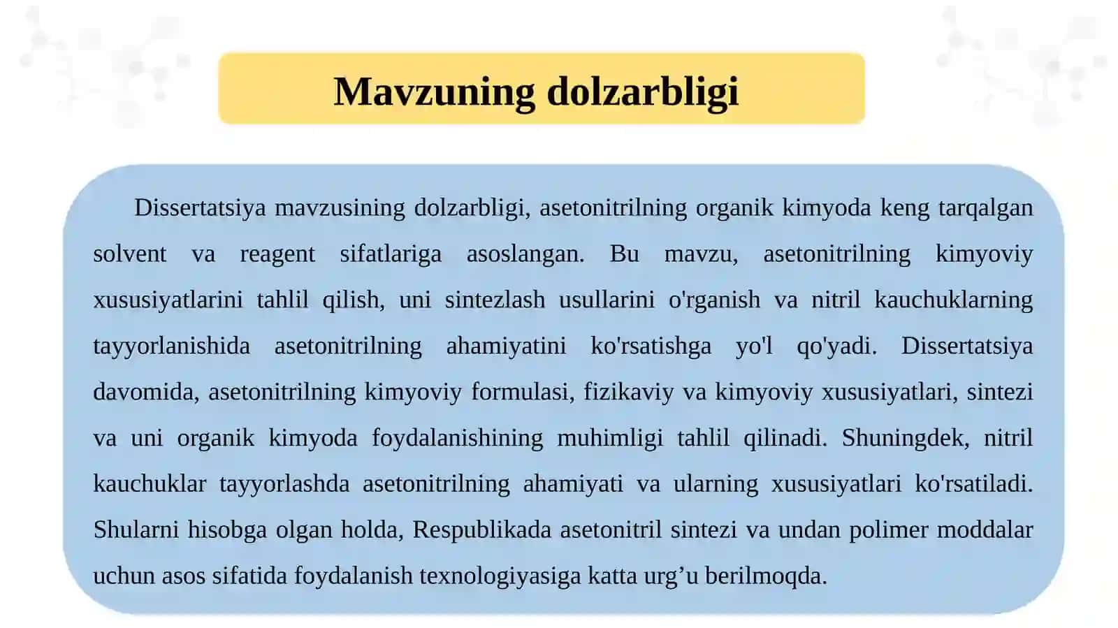 ASETONITRIL SINTEZI VA ULAR ASOSIDAGI POLIMERLAR KIMYOVIY XOSSASI TADQIQOTI 2