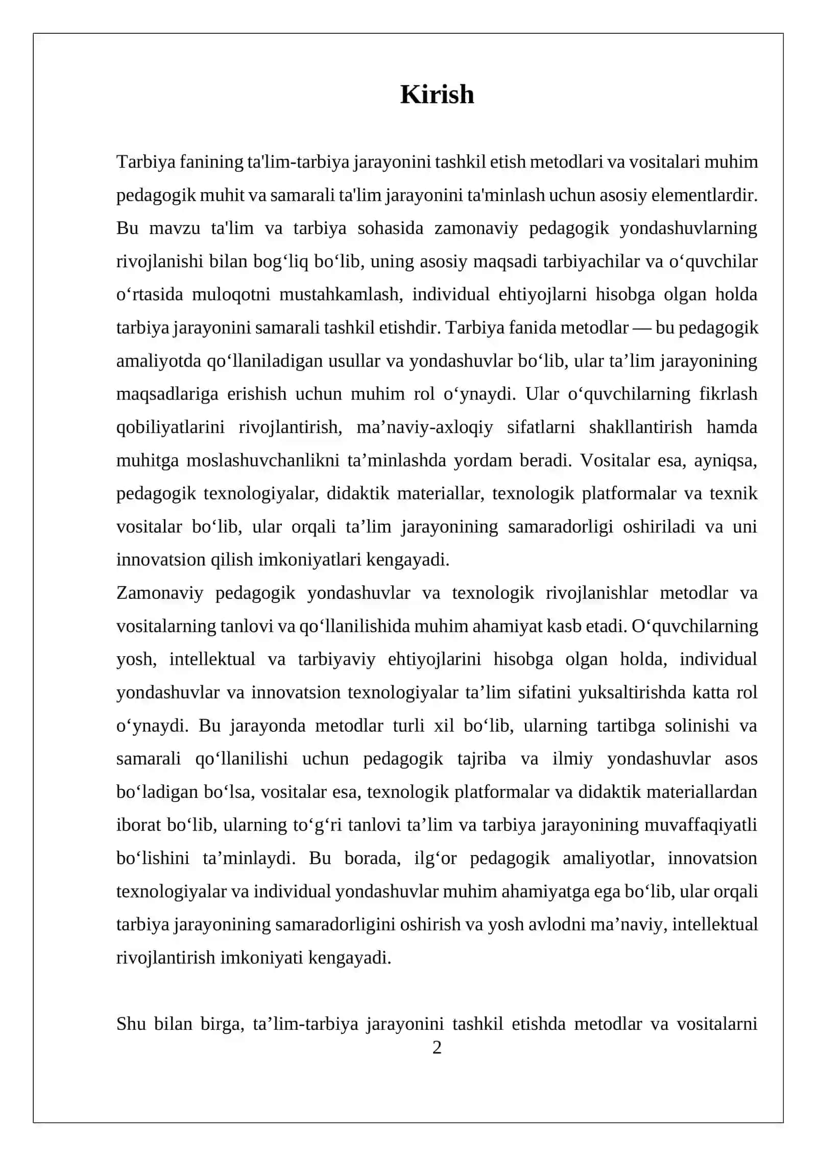 Tarbiya fanidan ta'lim-tarbiya jarayonini tashkil etishning metodlari va vositalari 2