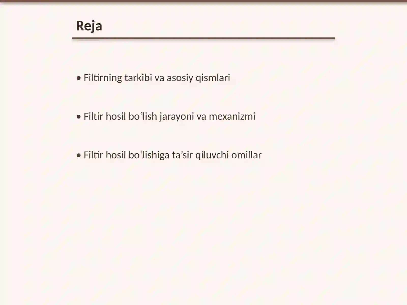 Filtirning tarkibi. Filtirning hosil boʻlishiga ta’sir qiluvchi omillar. Chiqindilarni boshqarish fanidan 2
