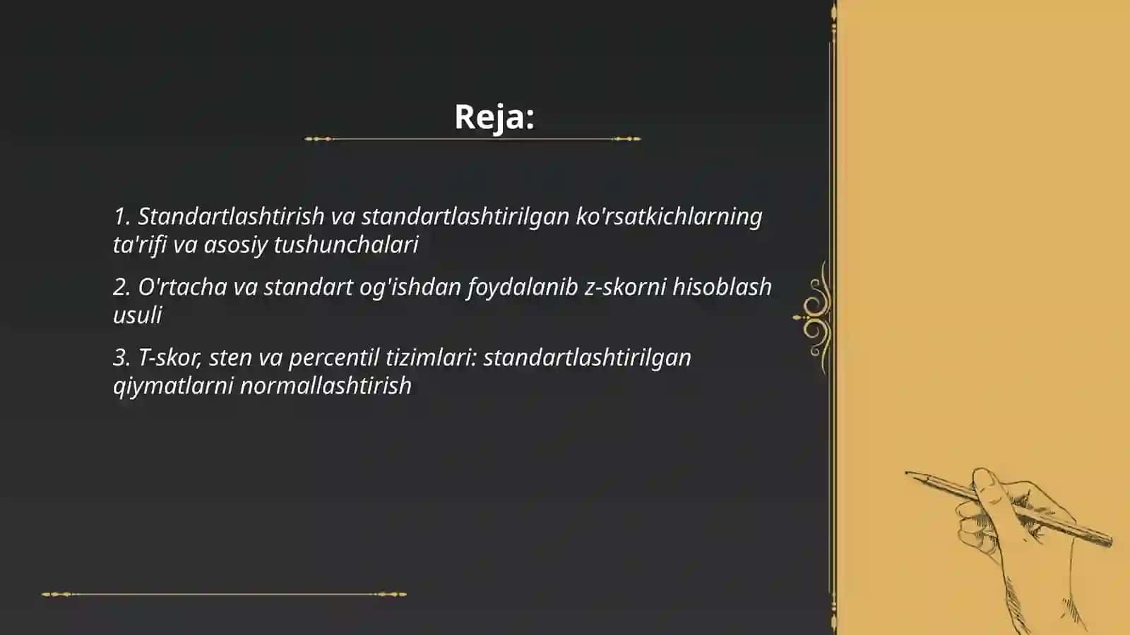 Standartlashtirish standartlashtirilgan ko`rsatkichlarning ahamiyati ularni hisoblash. Stomatologiyada foydalanishi. Vaziyatli masalalarni echish 2