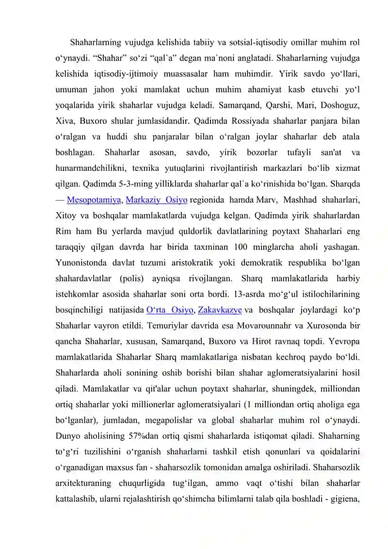 Shaharlar geografiyasi. Mustaqil ish. 2