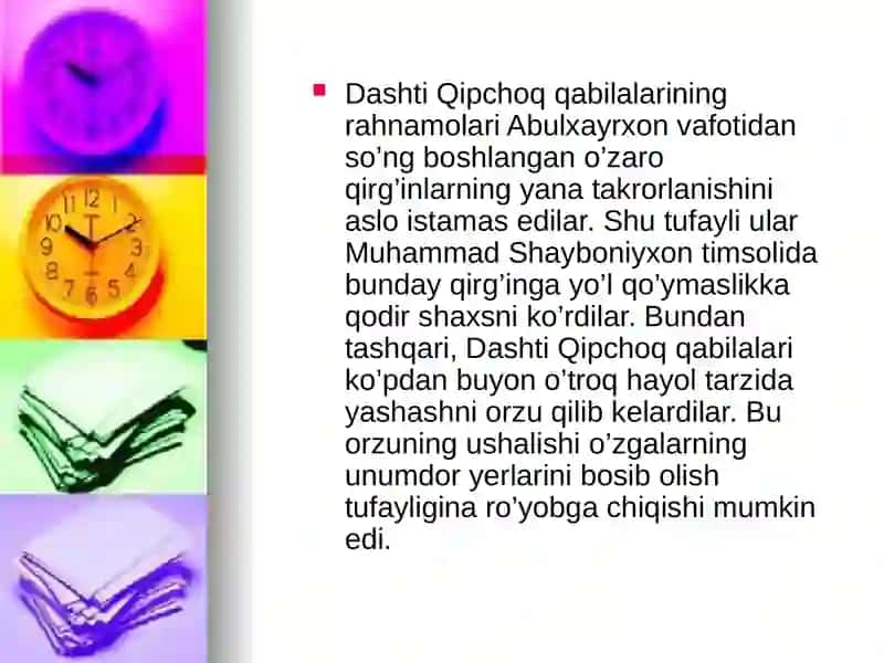 Dashti Qipchoq qabilalarining rahnamolari Abulxayrxon vafotidan so’ng boshlangan o’zaro qirg’inlarning yana takrorlanishi 2