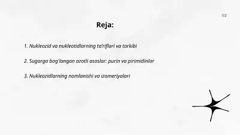 Nukleozidlar. Nukleotidlar. Nukleozidlarning mono- va polifosfatlari. Nukleozidsiklofosfatlar. Nuklein kislotalar tuzilishi. Nuklein kislotalarning birlamchi va fazoviy tuzilishlari 2
