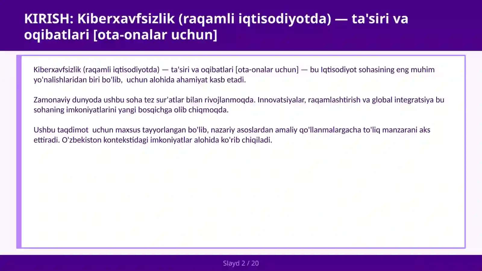 KIBERXAVFSIZLIK (RAQAMLI IQTISODIYOTDA) — TA'SIRI VA OQIBATLARI [OTA-ONALAR UCHUN] 2