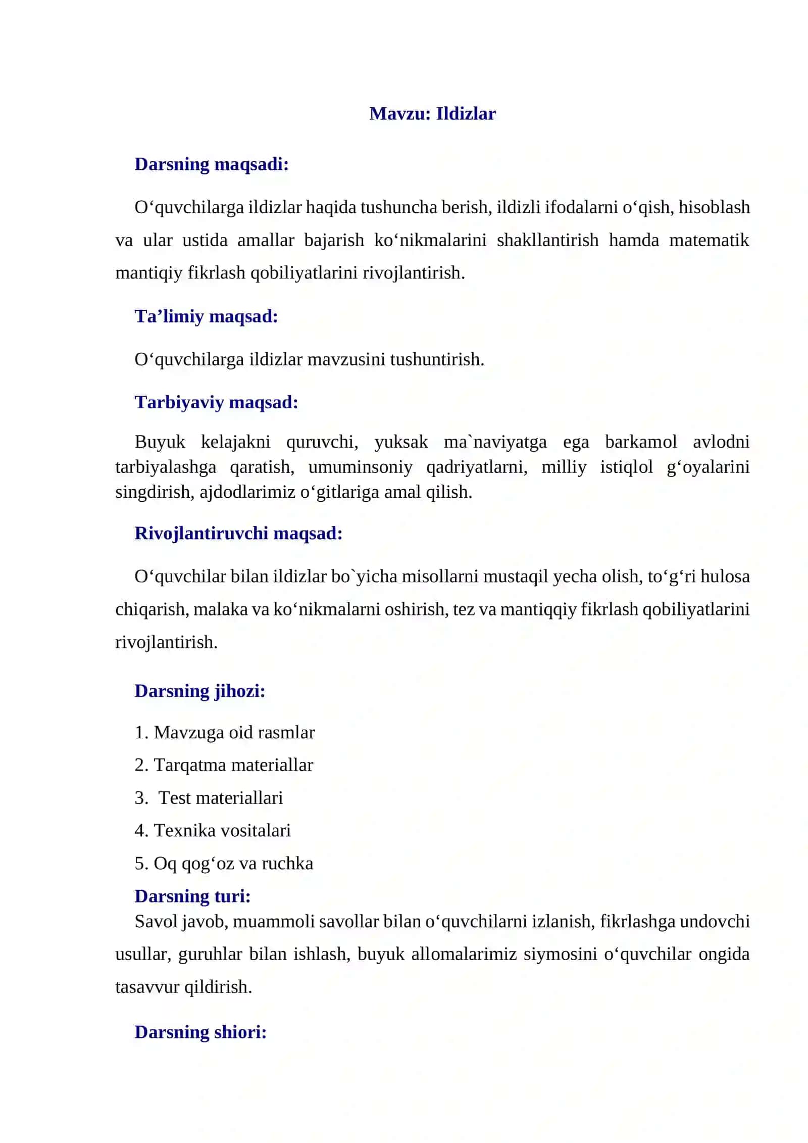 Ildizlar , dars ishlanma 8-sinf 2