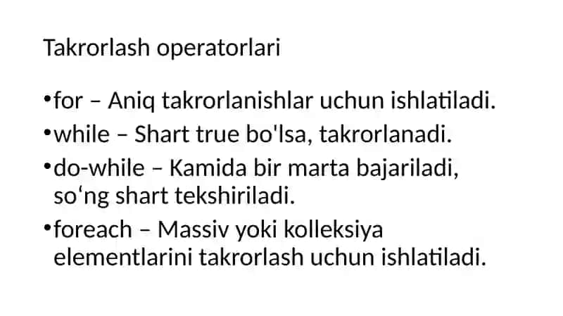 Takrorlash operatorlari. For operatori va uning turlari. Murakkab sikllar 2