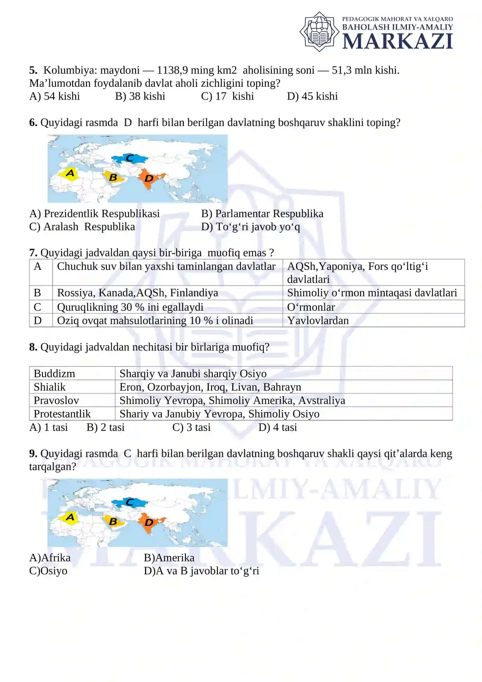 Geografiyani o‘zlashtirish test topshiriqlari 2