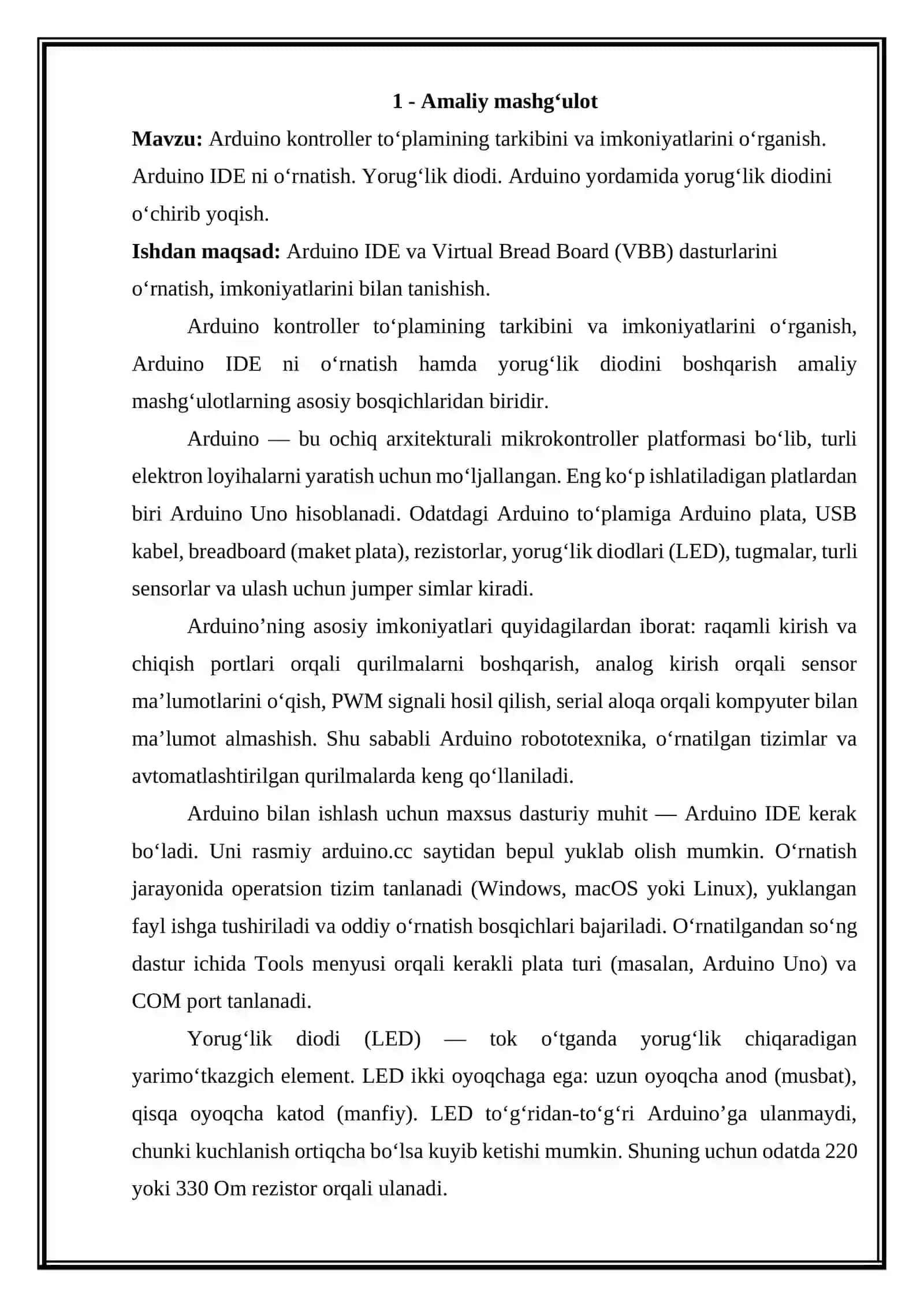 Arduino kontroller to‘plamining tarkibini va imkoniyatlarini o‘rganish. Arduino IDE ni o‘rnatish. Yorug‘lik diodi. Arduino yordamida yorug‘lik diodini o‘chirib yoqish 2