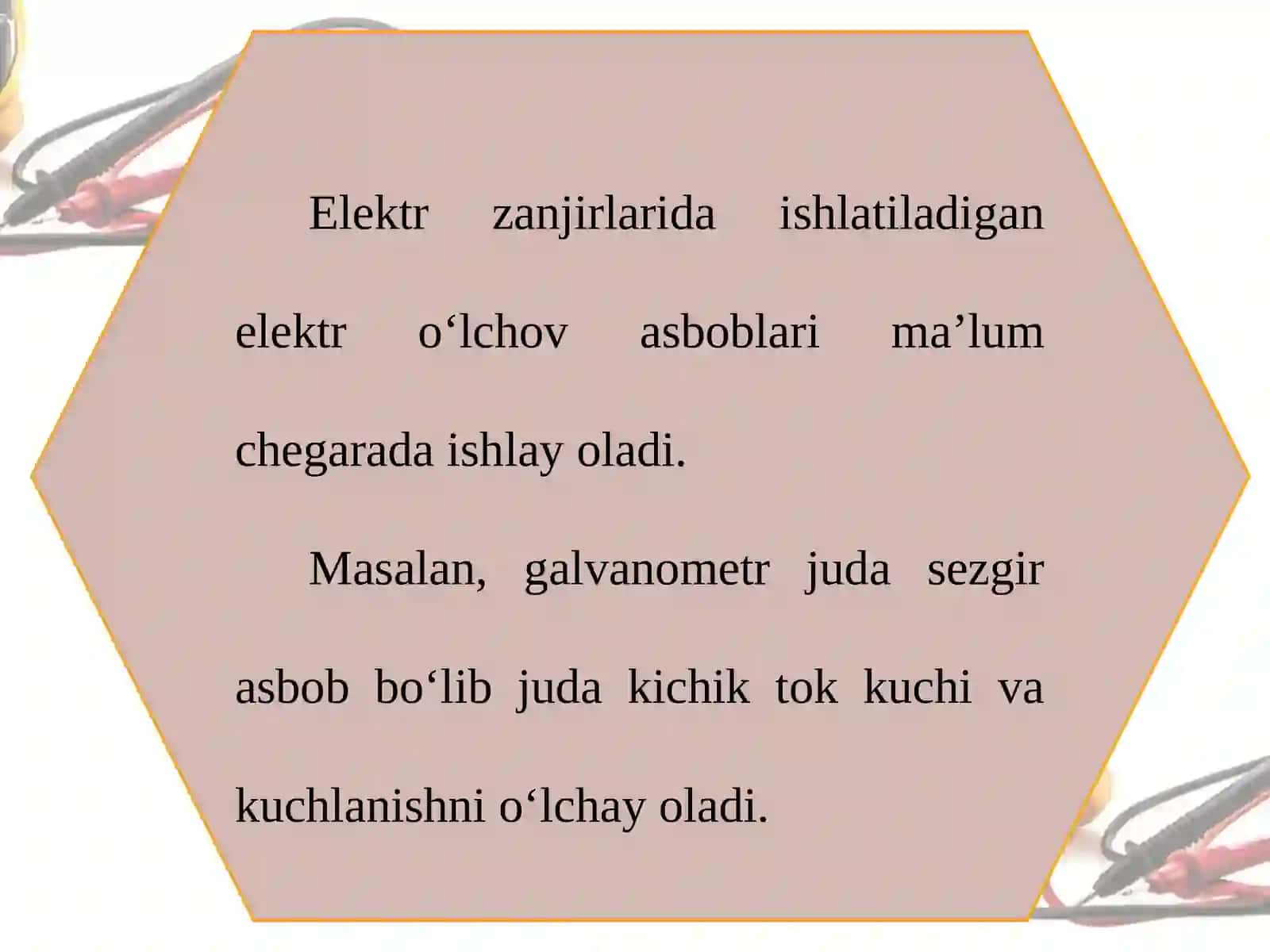 10-sinf fizika darsligi asosida 39-mavzu: Elektr zanjirlarida ishlatiladigan elektr o‘lchov asboblari 2