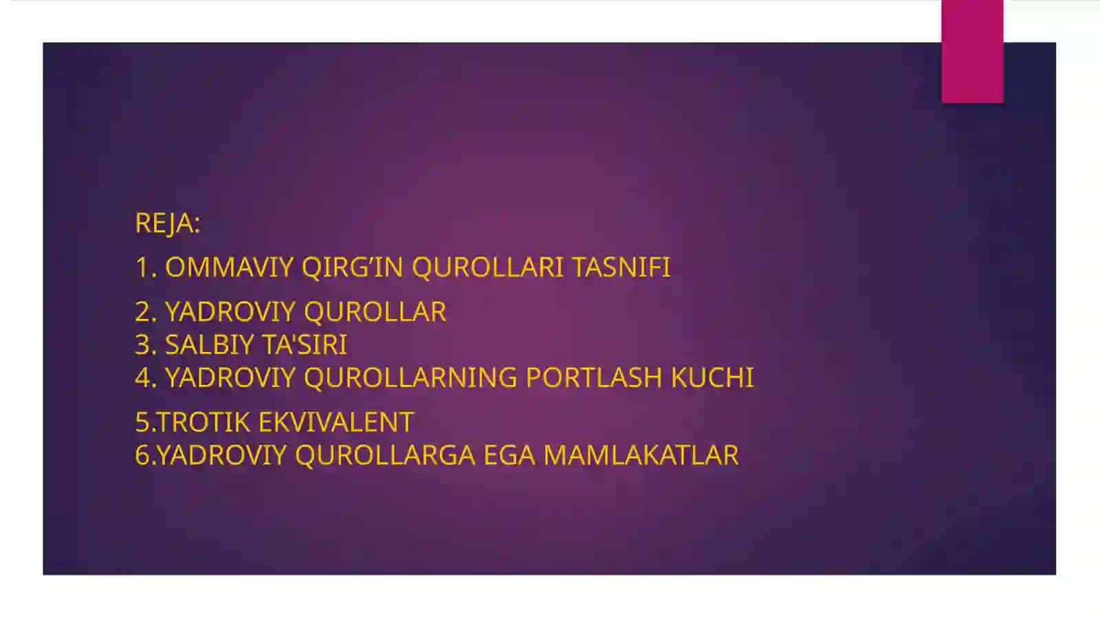 Ommaviyqirg'inqurollariningtasnifi.Jabrlanisho'chog'iningtibbiytaktiktavsifi.Yo'qotishlar.Yadroviyqurol.Trotikekvivalenti.Yadroviyportlashomillari 2