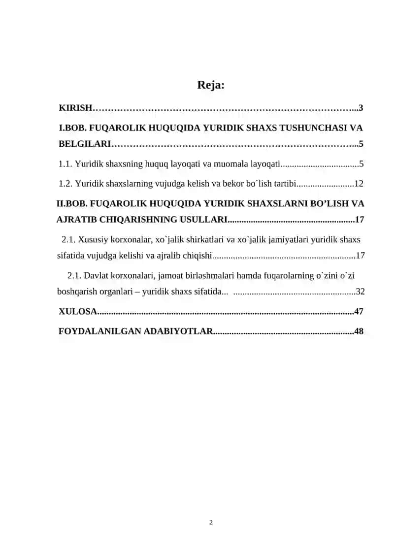 YURIDIK SHAXSLARNI BO'LISH VA AJRATIB CHIQARISHNING AMALGA OSHIRISH USULLARI kurs ishi 2