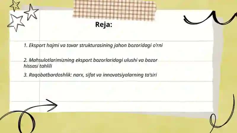 Respublikamiz mahsulotlarini jahon bozorida tutgan oʻrnini baxolash 2
